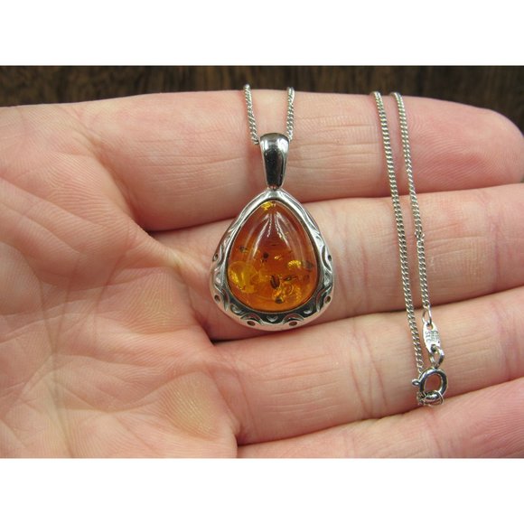 18" Sterling Silver Unique Symbols Amber Necklace Vintage Minimalist Everyday - Picture 2 of 6
